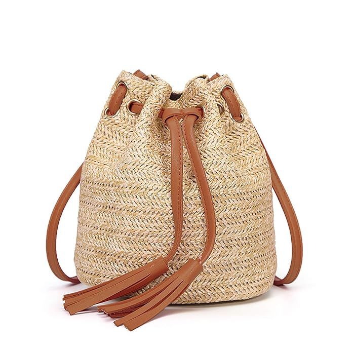 HXQ Small Straw Drawstring Crossbody Bag with Tassel,Beach Handwoven Shoulder Purse for Women | Amazon (US)