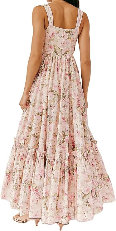 Women Square Neck Sleeveless Boho Floral Maxi Dress Spaghetti Strap Flowy Tiered Long Dresses Bea... | Amazon (US)