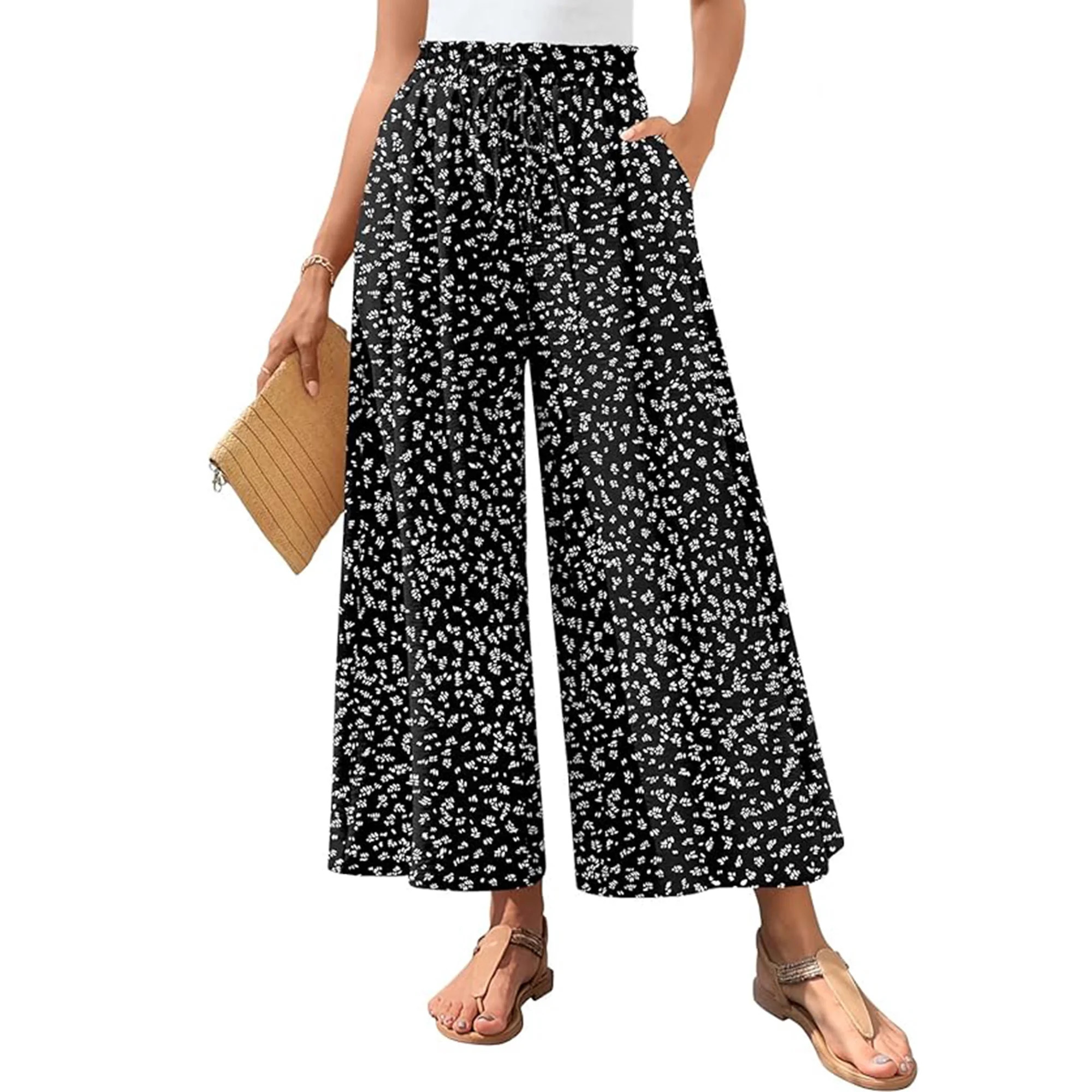 VDJ Womens Summer Wide Leg Capris Pants High Elastic Waist Loose Long Flowy Palazzo Work Pants Cr... | Walmart (US)