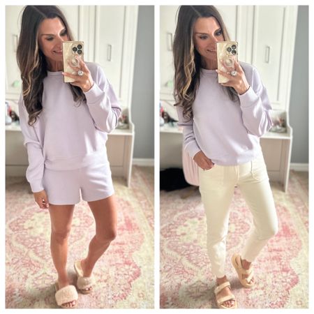 Soft lavender pullover for spring - Use code CANDACEPSPANX to save 10% off my top and shorts. Everything is true to size. Wearing a small in the top and shorts. Wearing a 4/27 in the jeans.

#LTKFindsUnder100 #LTKOver40 #LTKStyleTip