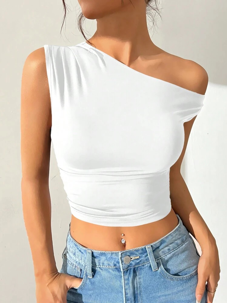 SHEIN EZwear Women's Summer Solid Color Asymmetrical Collar Cropped Slim Fit Top | SHEIN