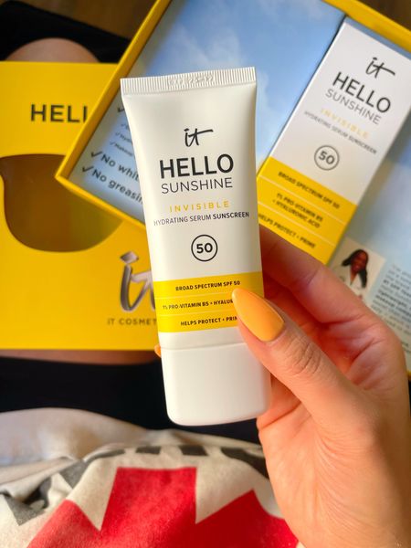 @itcosmetics Hello Sunshine Invisible Sunscreen 

A three-in-one daily face sunscreen that provides clear SPF 50, no white cast, and also works as your hydrating serum and skin-perfecting makeup primer! 

#LTKFestival #LTKfindsunder50 #LTKbeauty