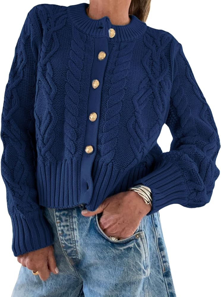 Watashi Women Sweater Casual Button Down Cable Knit Long Sleeve Cardigan Crewneck Lightweight Kni... | Amazon (US)