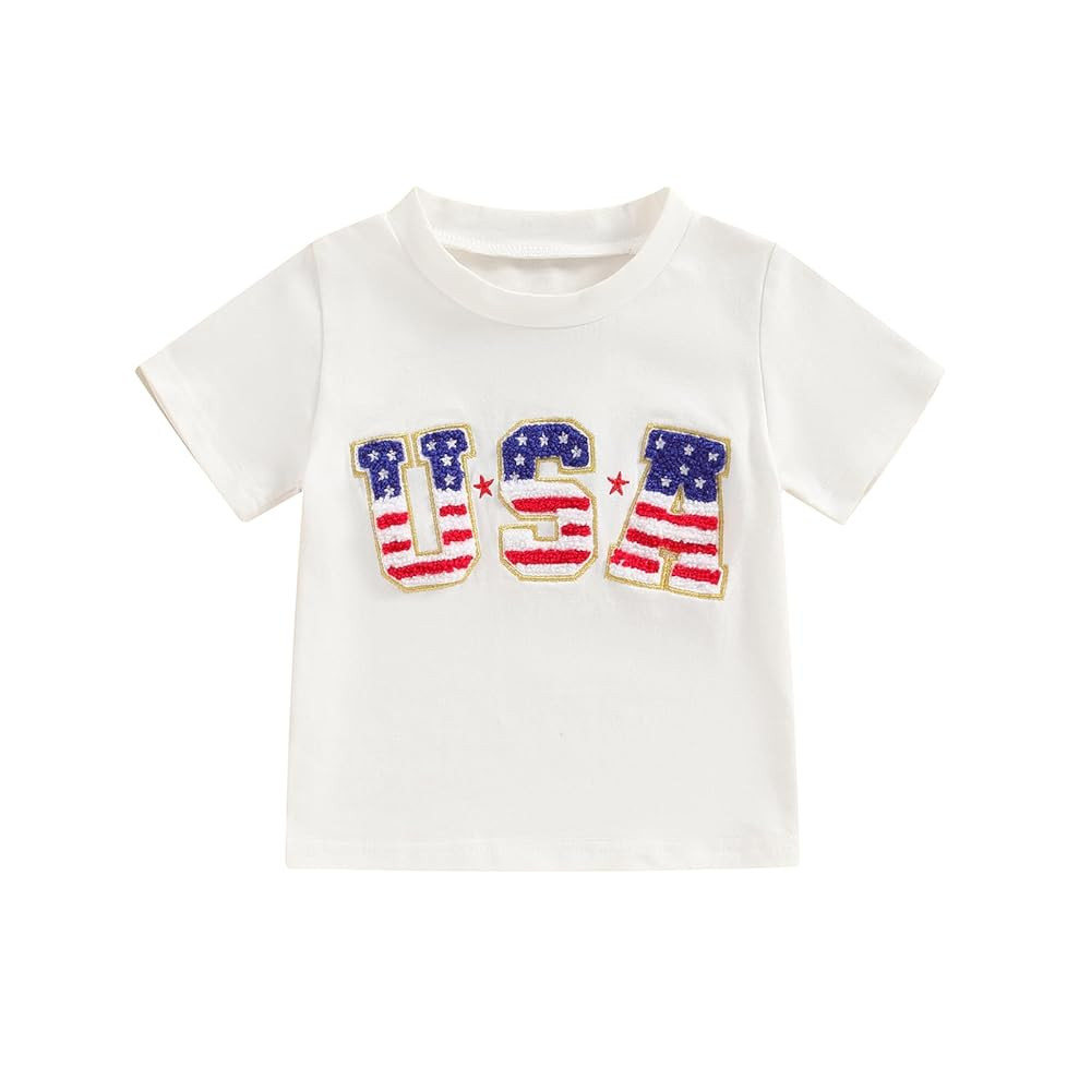 Toddler Baby 4th of July Shirt Cute Short Sleeve Embroidery USA T-Shirt Top Infant American Outfi... | Amazon (US)