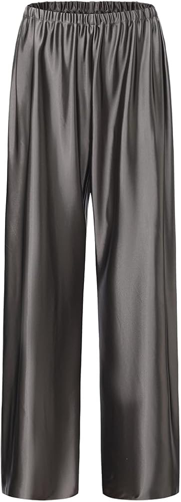 Women Satin Wide Leg Dress Pants Silk Casual Dressy Long Flowy Pants Elastic High Waisted Trouser... | Amazon (US)