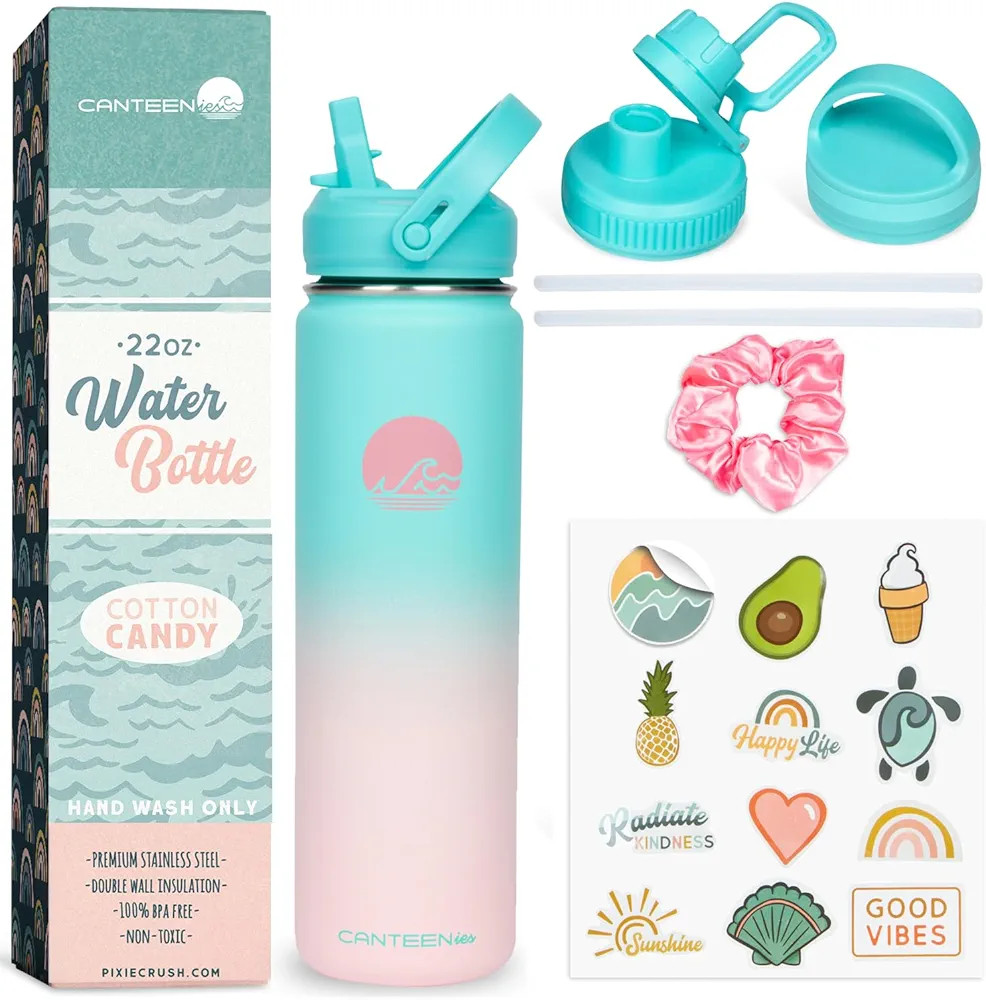 Kids Water Bottle for School, 22 Oz, Straw Lid, Stickers, Scrunchie, Vacuum Insulated Stainless S... | Amazon (US)