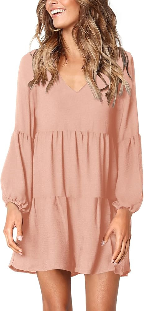 Amoretu Women Summer Tunic Dress V Neck Casual Loose Flowy Swing Shift Dresses | Amazon (US)