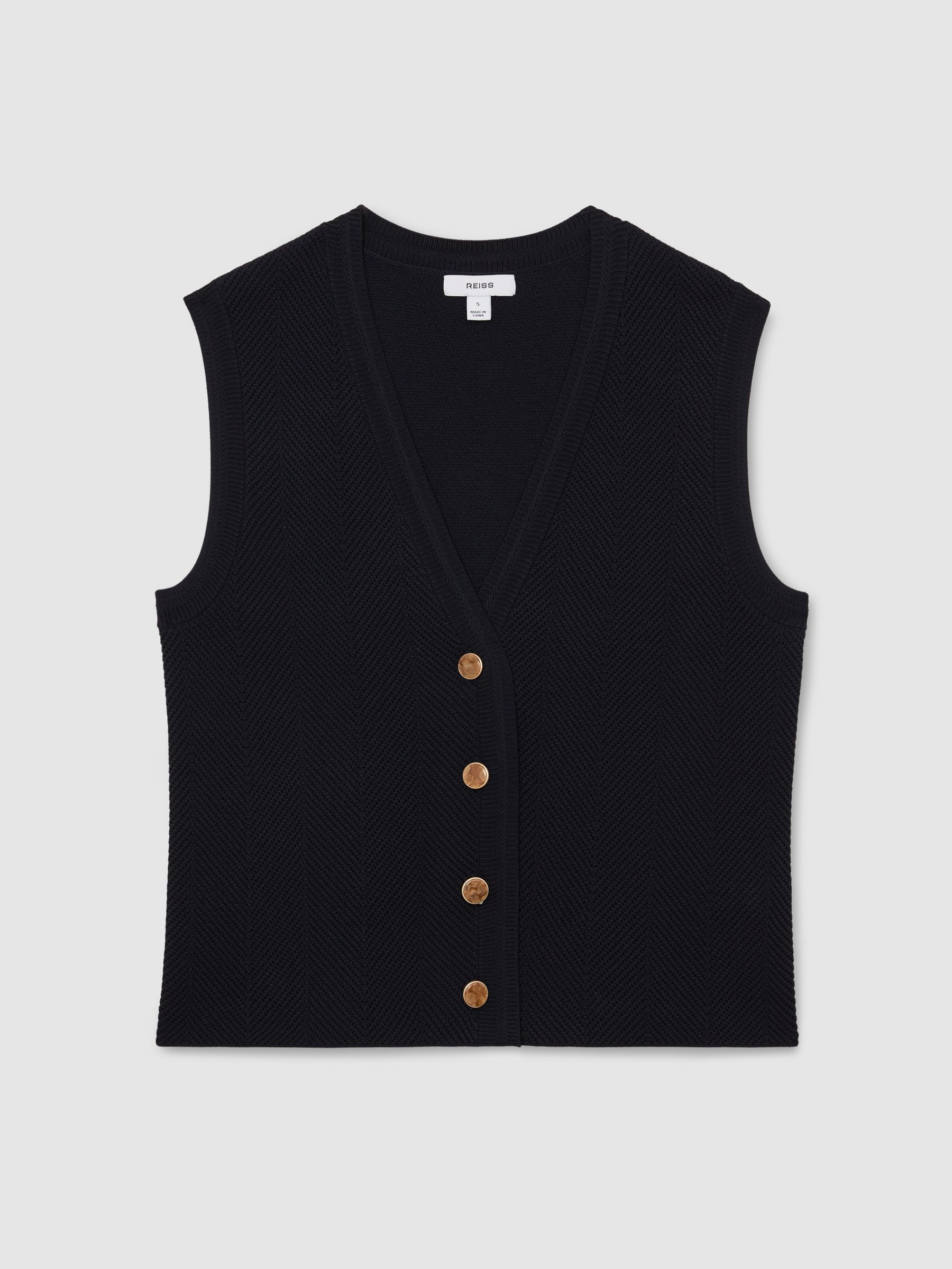 Reiss Textured-Knit Button-Through Waistcoat in Navy - REISS | Reiss UK