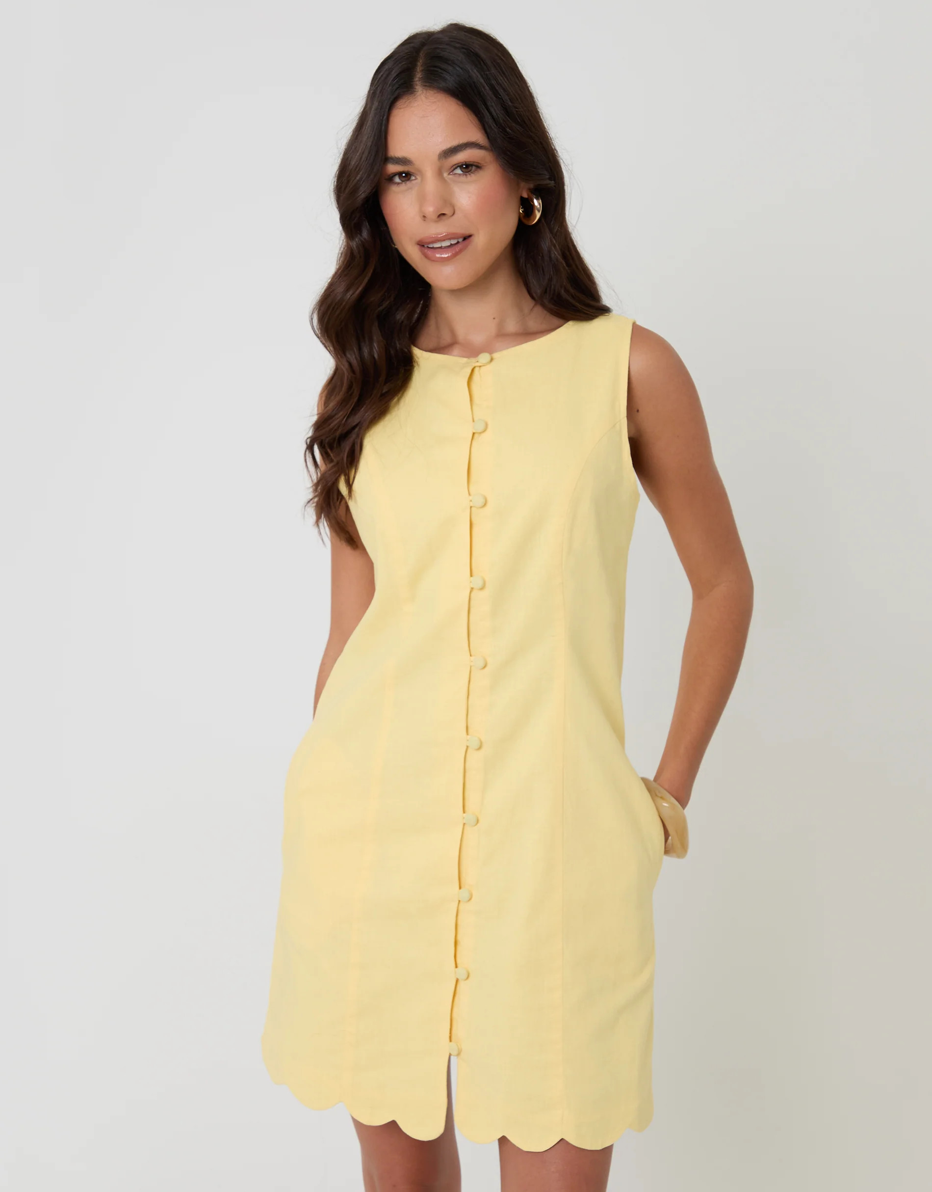 Yellow Linen Blend Pinafore Dress | Threadbare