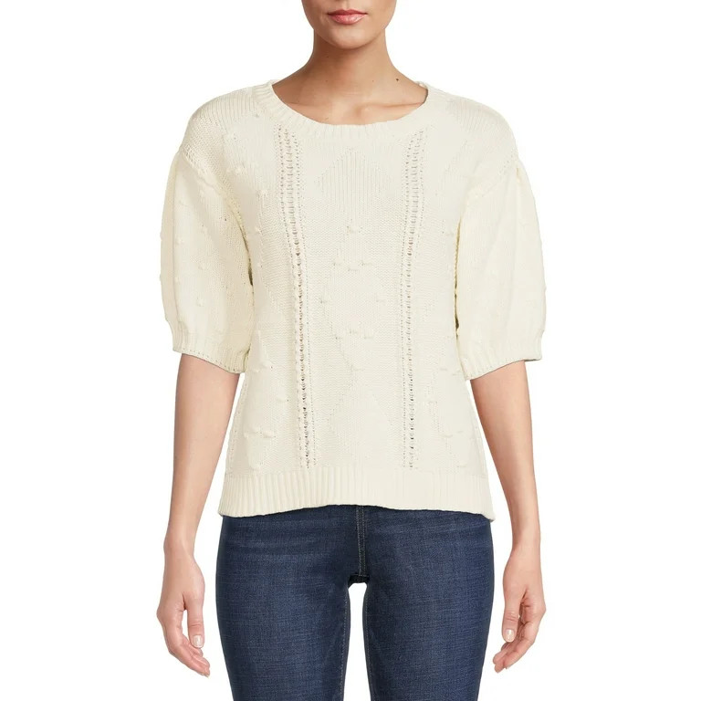 Time and Tru Women's Pullover Cable Sweater with Short Sleeves | Walmart (US)