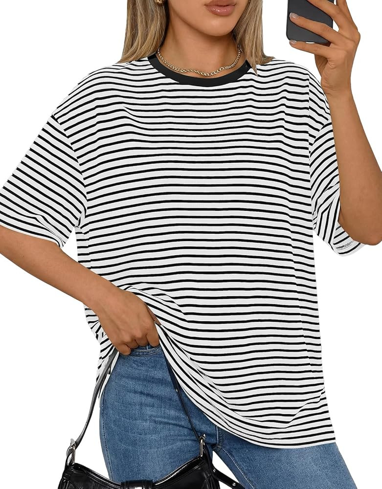 PRETTYGARDEN Women Short Sleeve Crewneck Ribbed Knit Oversized Tshirts 2026 Striped Summer Tops B... | Amazon (US)