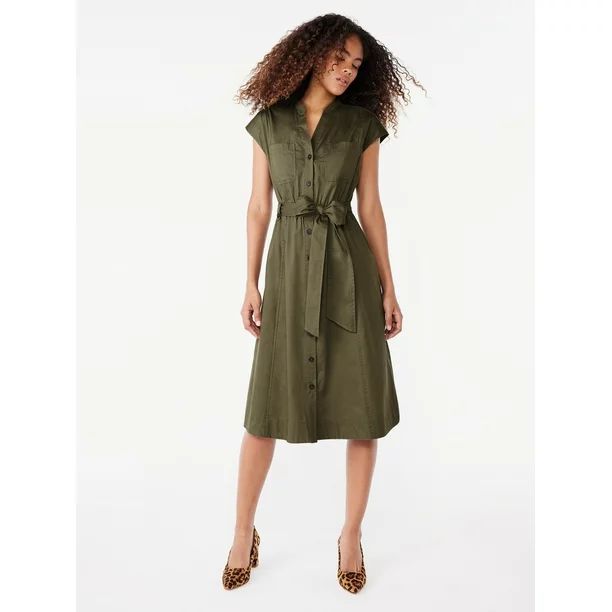 Free Assembly Women's Belted Utility Midi Shirtdress with Short Sleeves, Sizes XS-XXL | Walmart (US)
