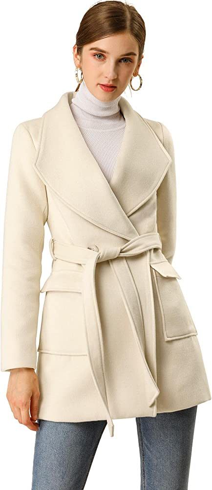 Allegra K Women's Shawl Collar Lapel Double Breasted Winter Belted Coat with Pockets | Amazon (US)