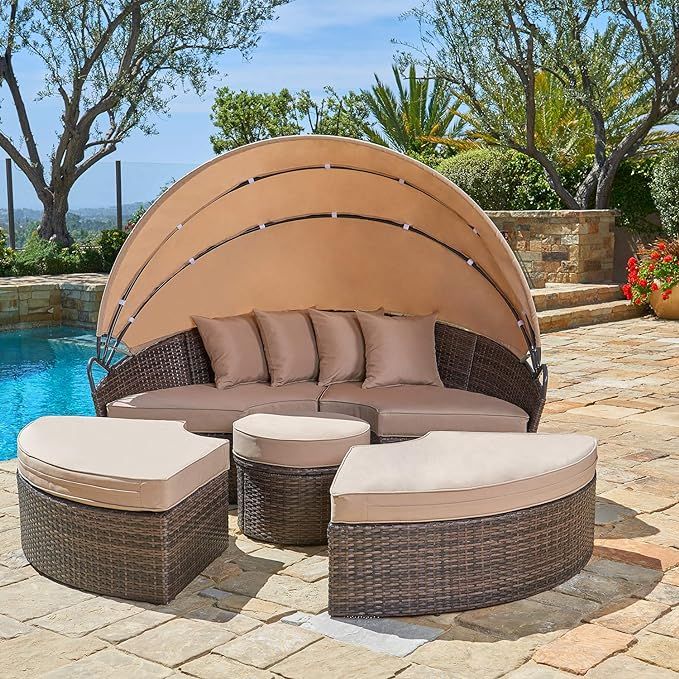 SUNCROWN Outdoor Patio Round Daybed with Retractable Canopy, Brown Wicker Furniture Clamshell Sec... | Amazon (US)