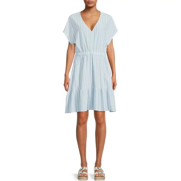 Time and Tru Short Sleeve Knit V-Neck Tiered Dress for Women | Walmart (US)