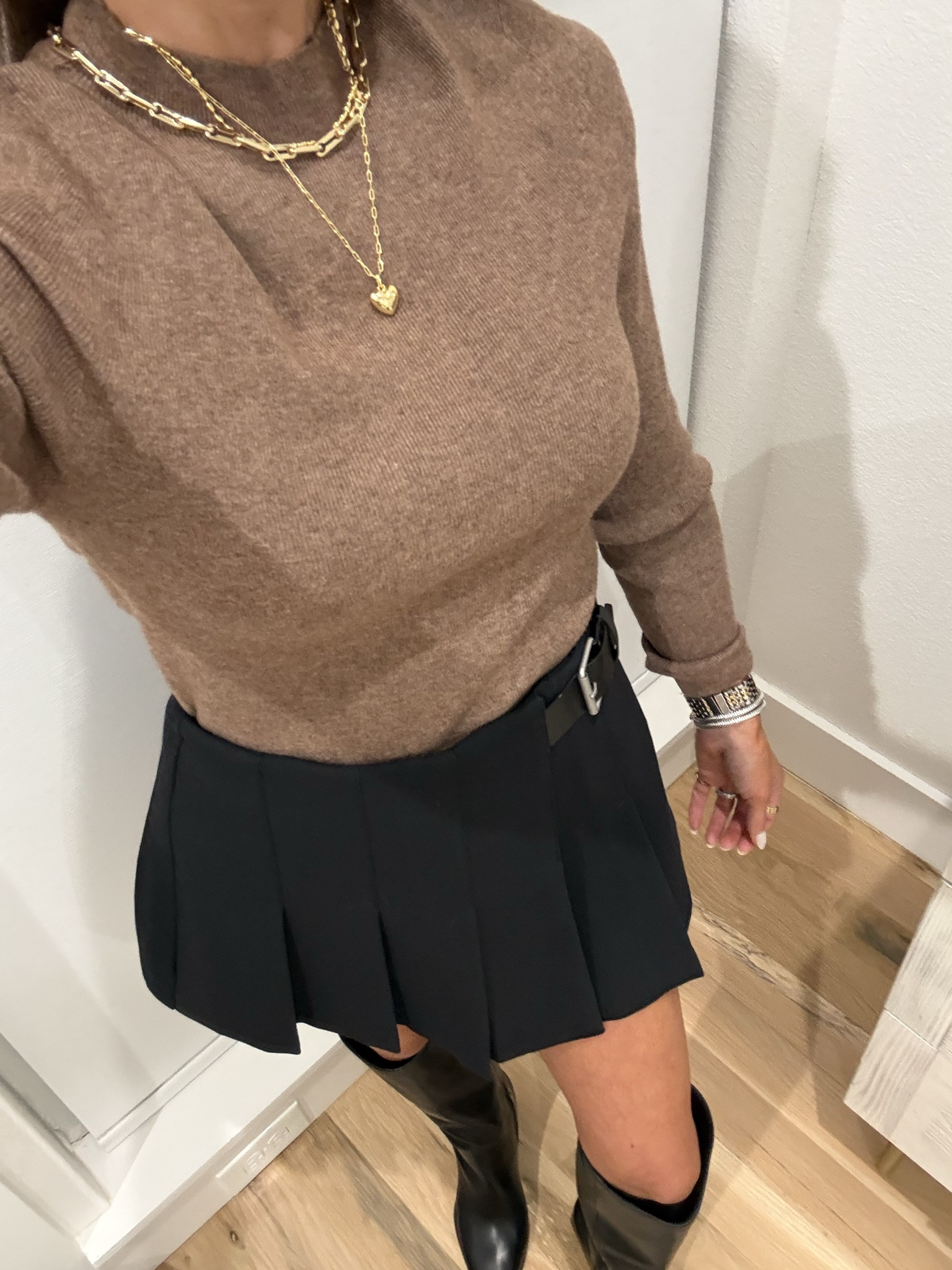 Love this neutral knit sweater and Heathered color- smallest size with black pleated skirt  

#LTKFindsUnder100 #LTKFindsUnder50