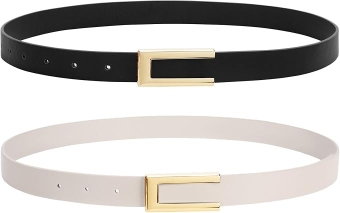 2 Pack Skinny Leather Belts for Women, Ladies Thin Waist Belt for Dresses Jeans Pants with Gold B... | Amazon (US)