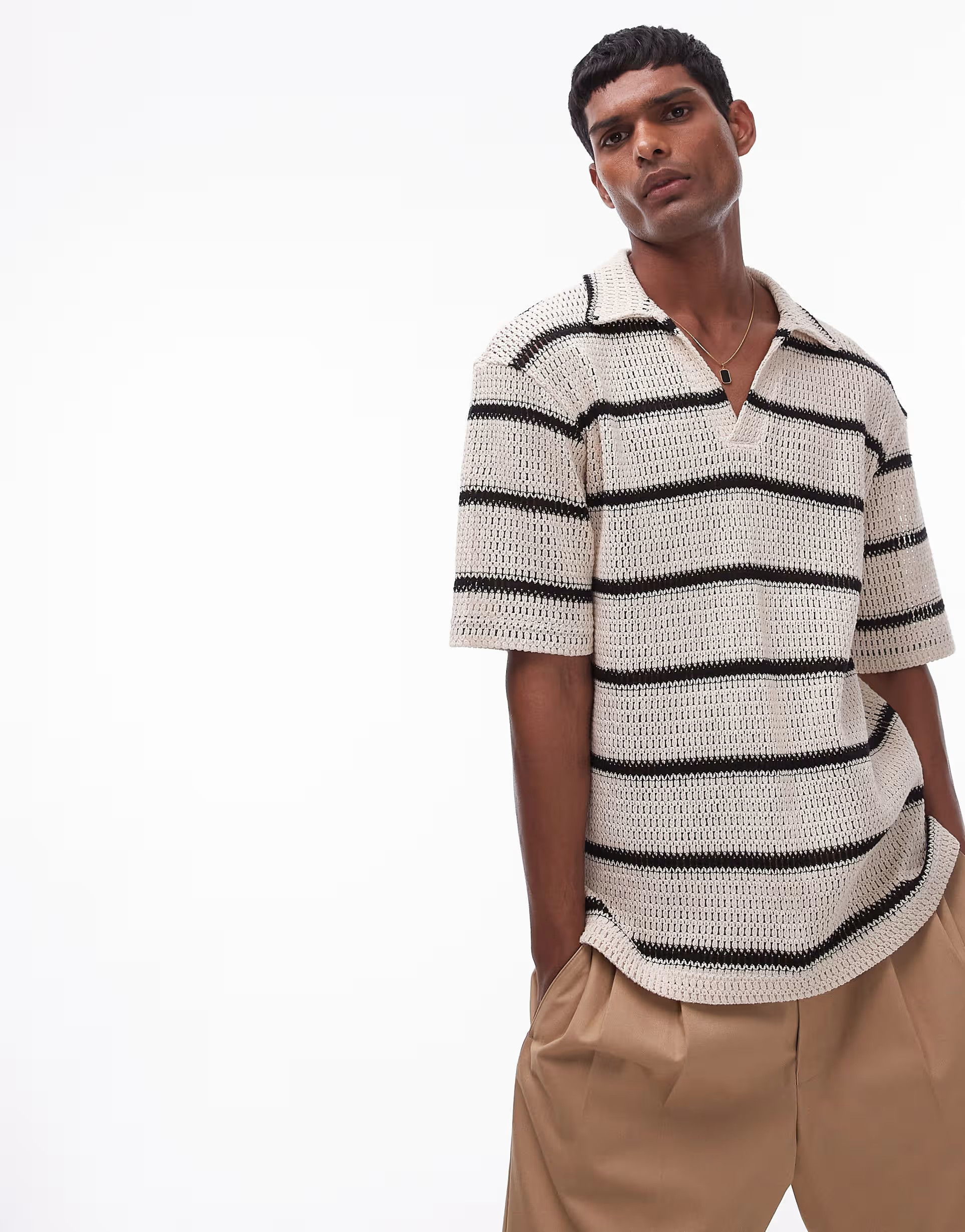Topman oversized fit crochet revere polo with stripe in black | ASOS (Global)