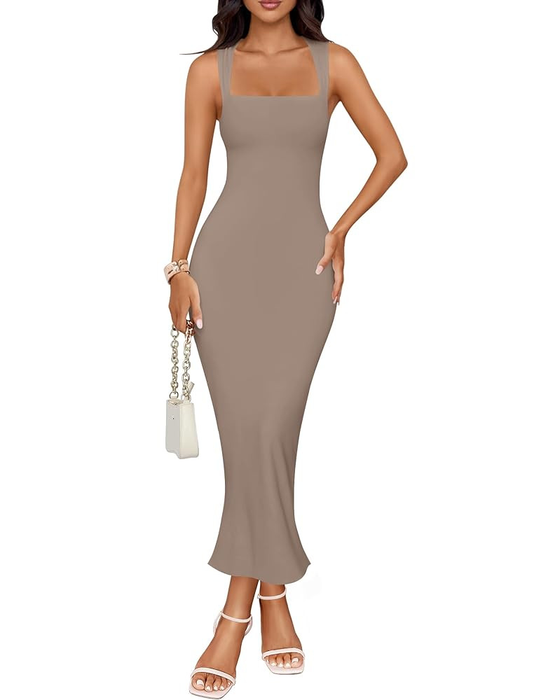 ZESICA Women's Summer Bodycon Midi Dress Sleeveless Square Neck Slim Fit Back Slit Long Cocktail ... | Amazon (US)