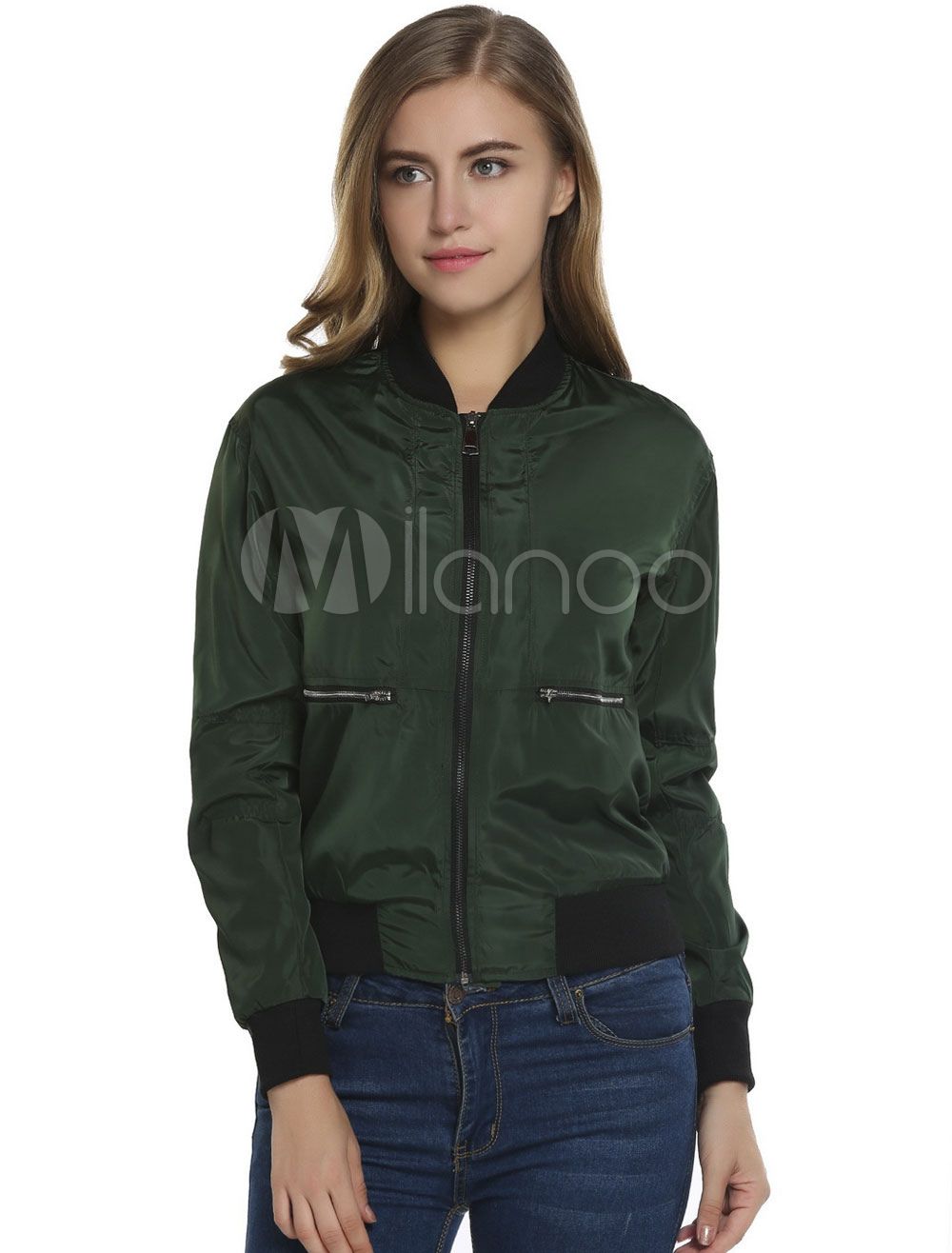 Bomber Jacket Hunter Green Long Sleeve Stand Collar Short Varsity Jackets For Women | Milanoo