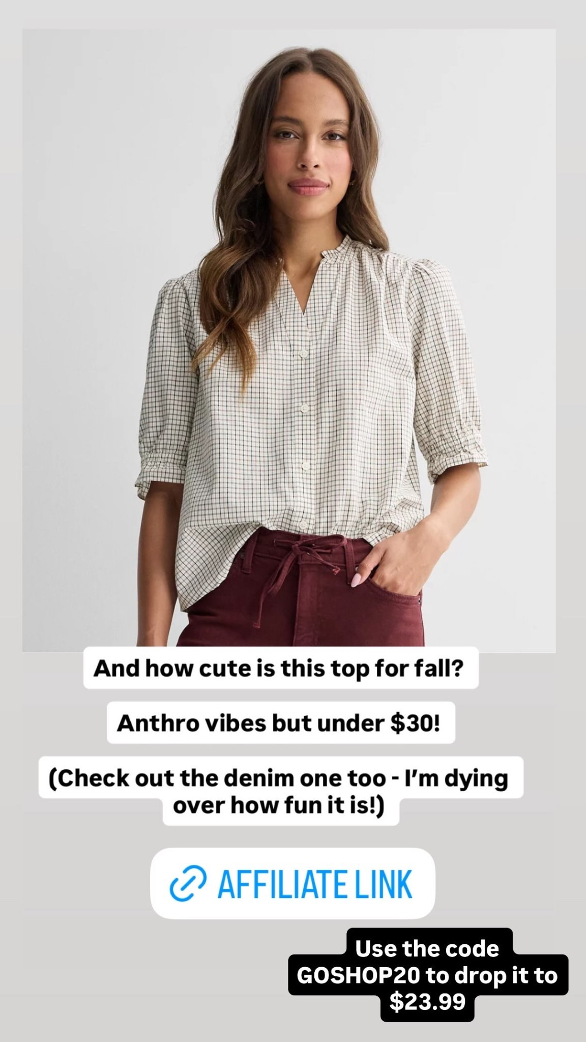 How cute is this fall top!? Looks like Anthro, but it’s under $30!
Use the code GOSHOP20 to drop it to $23.99
