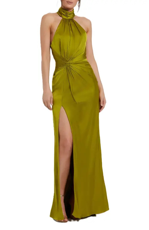 Mac Duggal Open Back Halter Neck Twist Detail Satin Gown in Olive at Nordstrom, Size 8 | Nordstrom