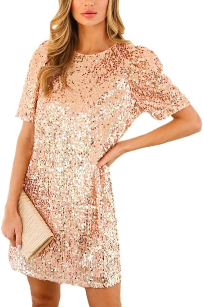 Women's Crewneck Sequin Shift Dress Short Sleeve Casual Holiday Sparkly Party Dress | Amazon (US)