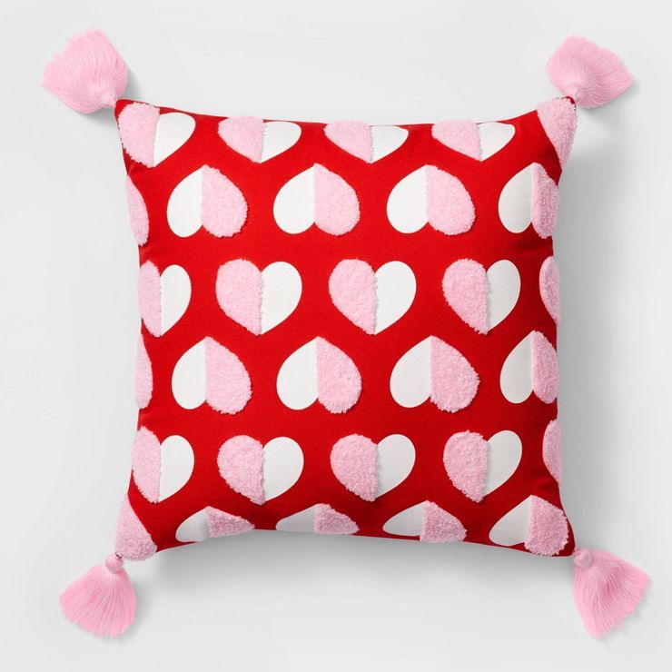 Valentine's Day Embroidered Hearts Square Throw Pillow Red - Spritz™ | Target