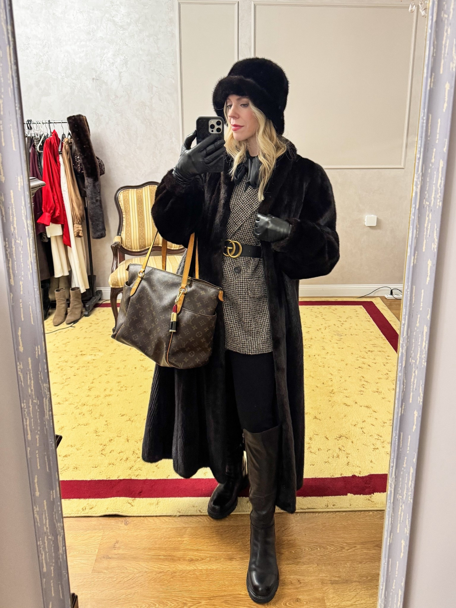 Winter workwear ootd, fur bucket hat, vintage fur coat, tweed blazer, Gucci belt, lug sole boots, office look, Louis Vuitton tote bag

#LTKWorkwear #LTKOver40 #LTKootd
