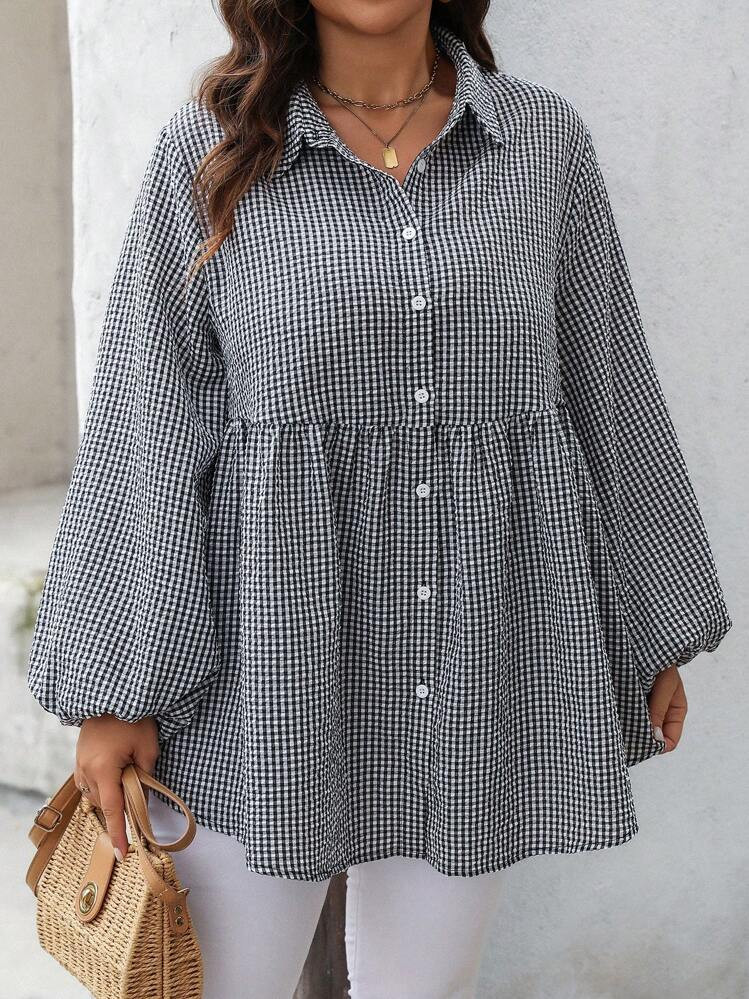 SHEIN LUNE Plus Size Women's Spring/Summer Grid Pattern Lantern Sleeve Loose Cute Doll Shirt | SHEIN