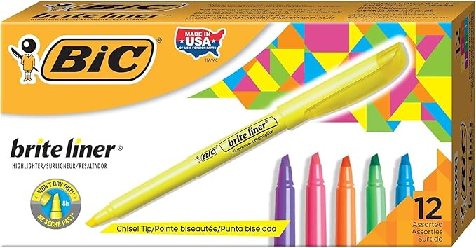 BIC Brite Liner Highlighters, Chisel Tip, 12-Count Pack of Highlighters Assorted Colors, Ideal Hi... | Amazon (US)