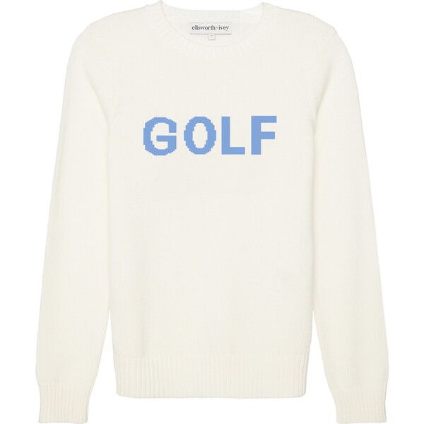 Women's Golf Ribbed Neck Long Sleeve Sweater, White & Blue | Maisonette