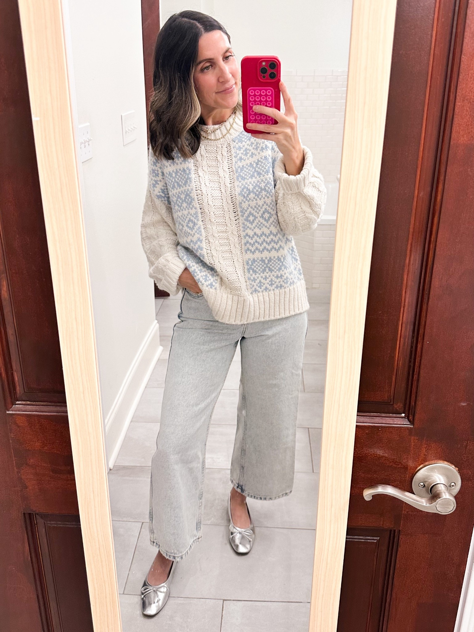 Cozy loft sweater. Cozy Lou and grey sweater. Wearing size small. Sezane Le Crop Jeans run TTS. Wearing size 4. Metallic ballet flats. So so comfortable. Fit TTS

#LTKCyberWeek #LTKmomlife #LTKOver40