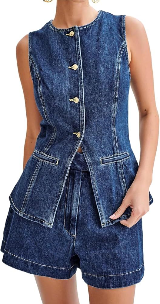 Womens Denim 2 Piece Set Sleeveless Botton Tank Top High Waist Denim Shorts Set Summer Trendy Jea... | Amazon (US)