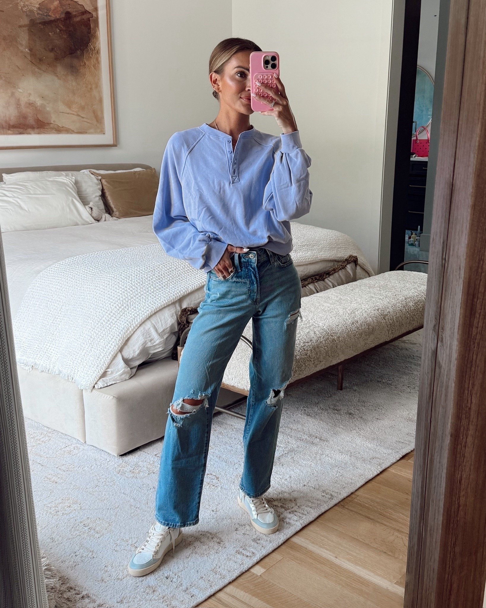 cutest henley sweatshirt marked down to $20 and these jeans are only $36 rn! 🫶🏼 both run tts 

#LTKFindsUnder50 #LTKSaleAlert