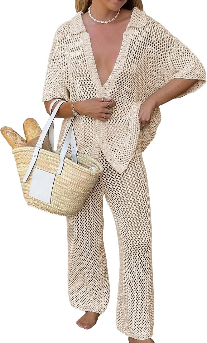 Famulily Womens Sexy Hollow Out Swimsuit Cover Up Crochet Net Beach Sets Button Down Shirt and Wi... | Amazon (US)