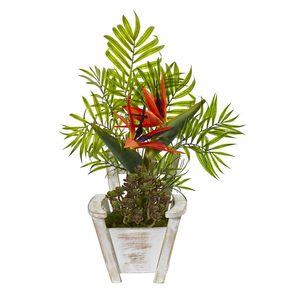Nearly Natural 18 in. Bird Of Paradise and Areca Palm Artificial Arrangement in Chair Planter | The Home Depot
