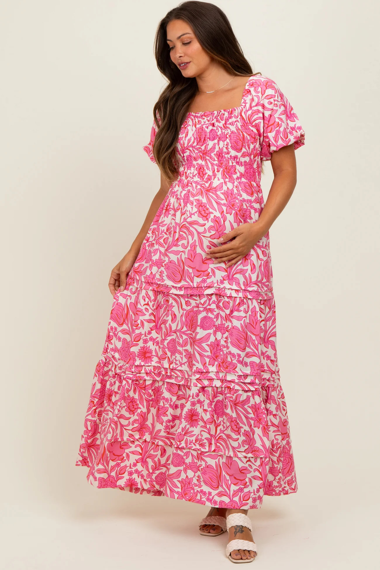 Pink Floral Smocked Puff Sleeve Maternity Maxi Dress | PinkBlush Maternity