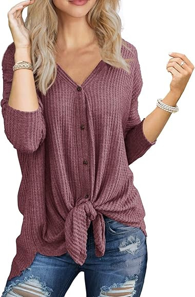 IWOLLENCE Womens Waffle Knit Tunic Blouse Tie Knot Henley Tops Loose Fitting Bat Wing Plain Shirt... | Amazon (US)