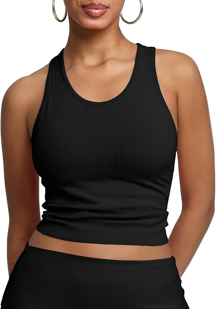 BRXL Women's Ribbed Racerback Tank Tops with Built-in Bra U Neck Sleeveless Fitted Casual Athleti... | Amazon (US)