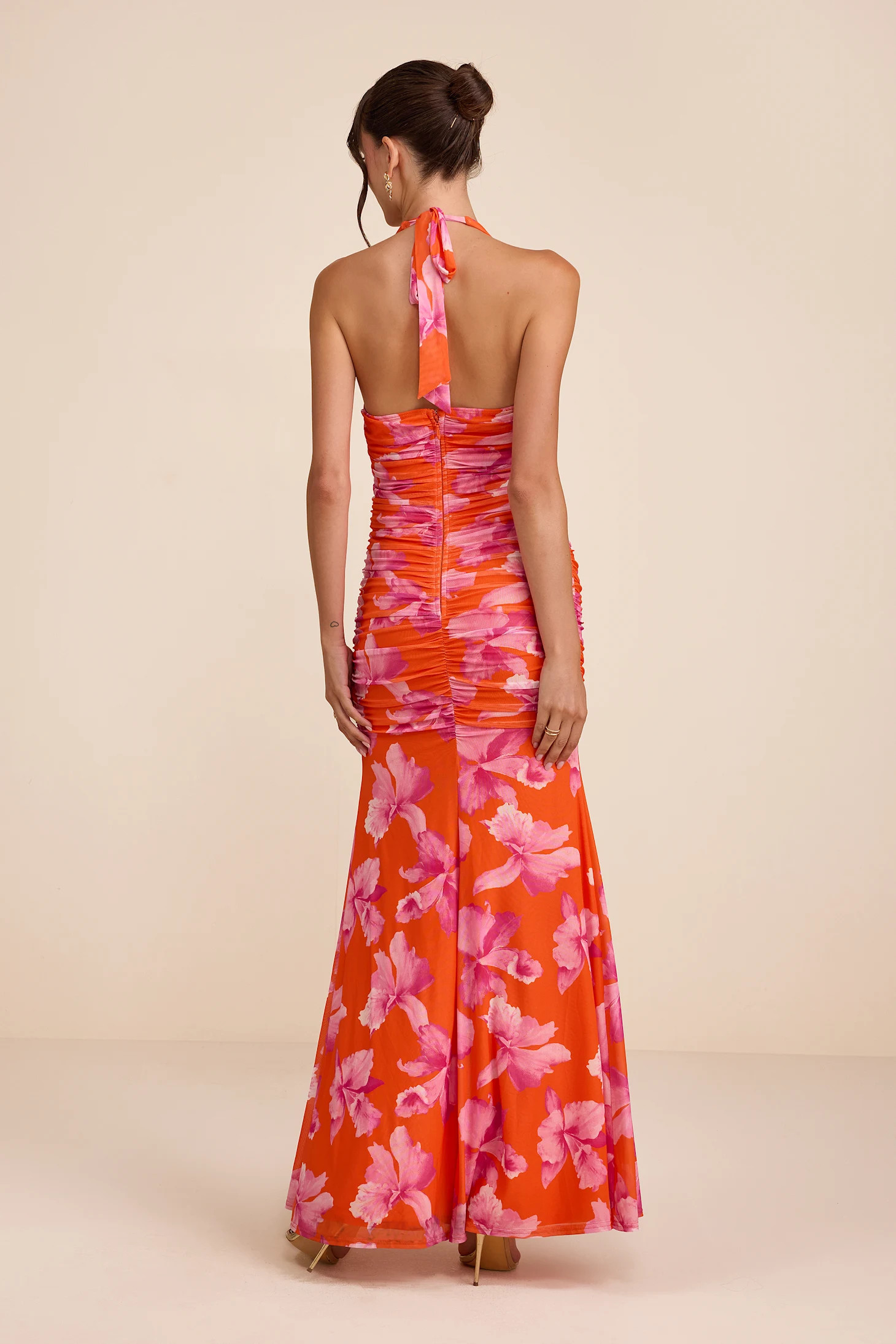Fiametta Orange and Pink Floral Ruched Maxi Dress | Lulus