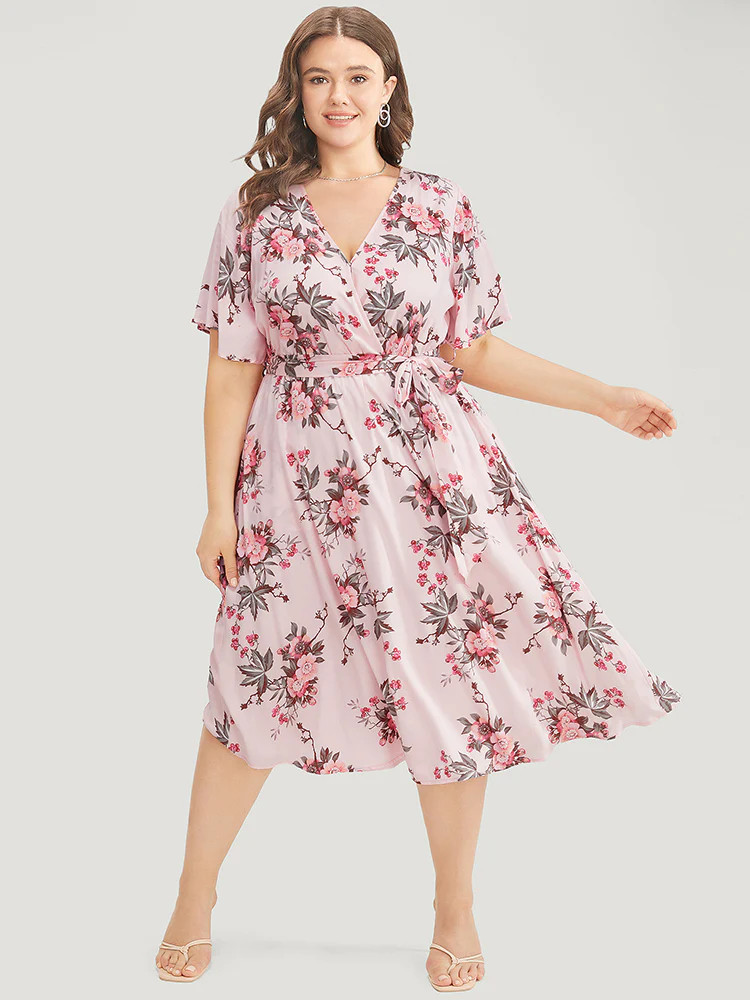 Floral Pocket Belted Ruffle Sleeve Surplice Neck Dress | Bloomchic