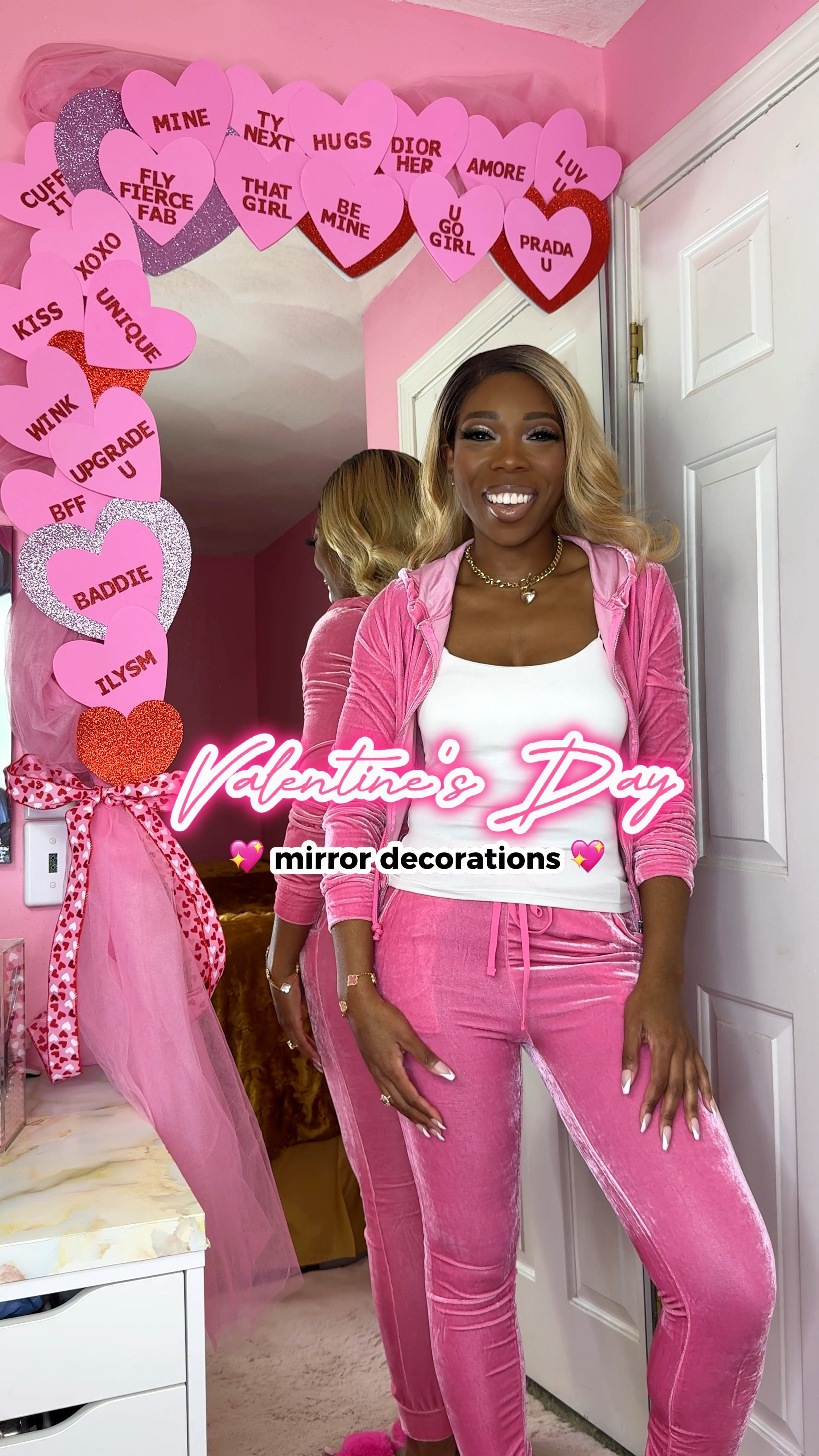 Let’s decorate my full length mirror for Valentine’s Day! 💕 February is my birthday month too, so I be going in with the decorations y’all 😂.

I used:
💕 8 yards of pink tulle - Hobby Lobby
💕 Clear hair elastics - Goody Hair
💕 Pink & red glitter heart cut outs - Dollar Tree
💕 Double stick tape - Scotch Tape
💕 Pink foam hearts ($0.98!) - Walmart
💕 Red glitter alphabet letter stickers - Michael’s Craft Store
💕 Pink hearts Valentine’s day ribbon - Michael’s Craft Store
💕 Windex wipes 

#LTKSeasonal #LTKhome #LTKVideo