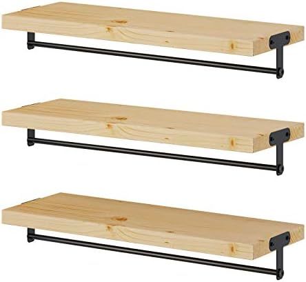 GREENSTELL Floating Shelves Wall Mounted, Solid Wood Wall Shelves with Towel Bar, Set of 3 Rustic... | Amazon (US)
