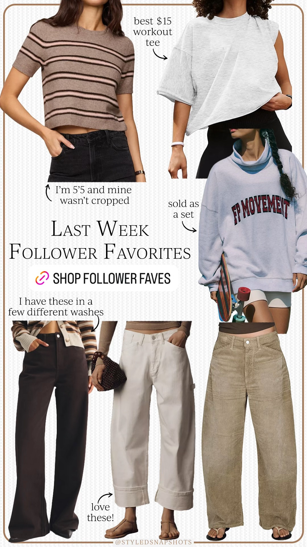 Last week follower favorites 
-small striped sweater tee, tts 
-small workout tee 
-XS sweatshirt set (order based off how you want your top to fit and swap out the biker shorts if needed) 
-all jeans are 26R, tts, I’m 5’5

#LTKSaleAlert