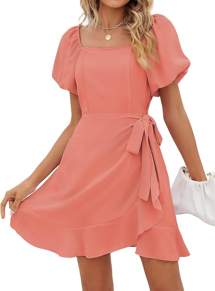 SAMPEEL Puff Sleeve Square Neck Summer Dress for Women 2024 Tie Waist Short Dresses | Amazon (US)
