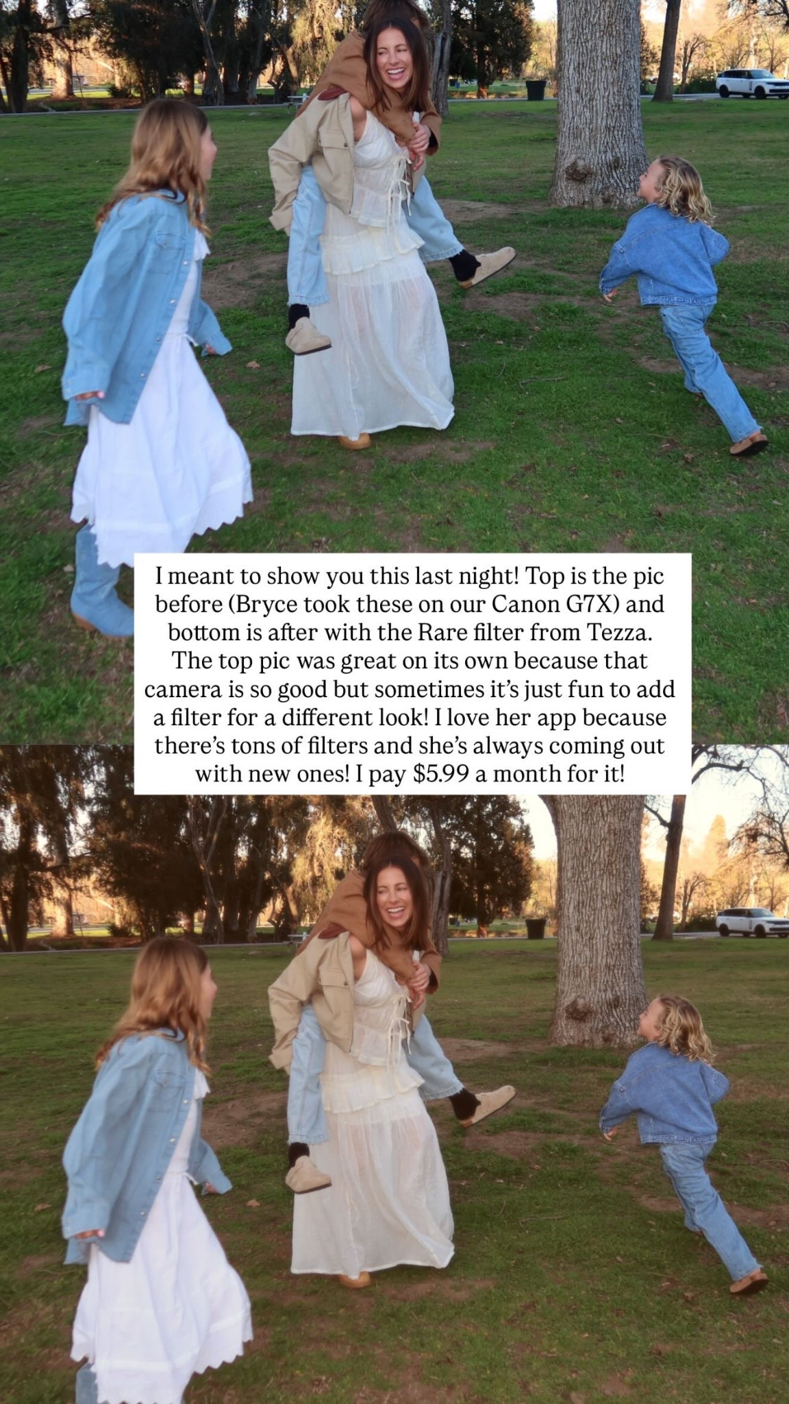 I meant to show you this last night! Top is the pic before (Bryce took these on our Canon G7X) and bottom is after with the Rare filter from Tezza. 
The top pic was great on its own because that camera is so good but sometimes it’s just fun to add a filter for a different look! I love her app because there’s tons of filters and she’s always coming out with new ones! I pay $5.99 a month for it!