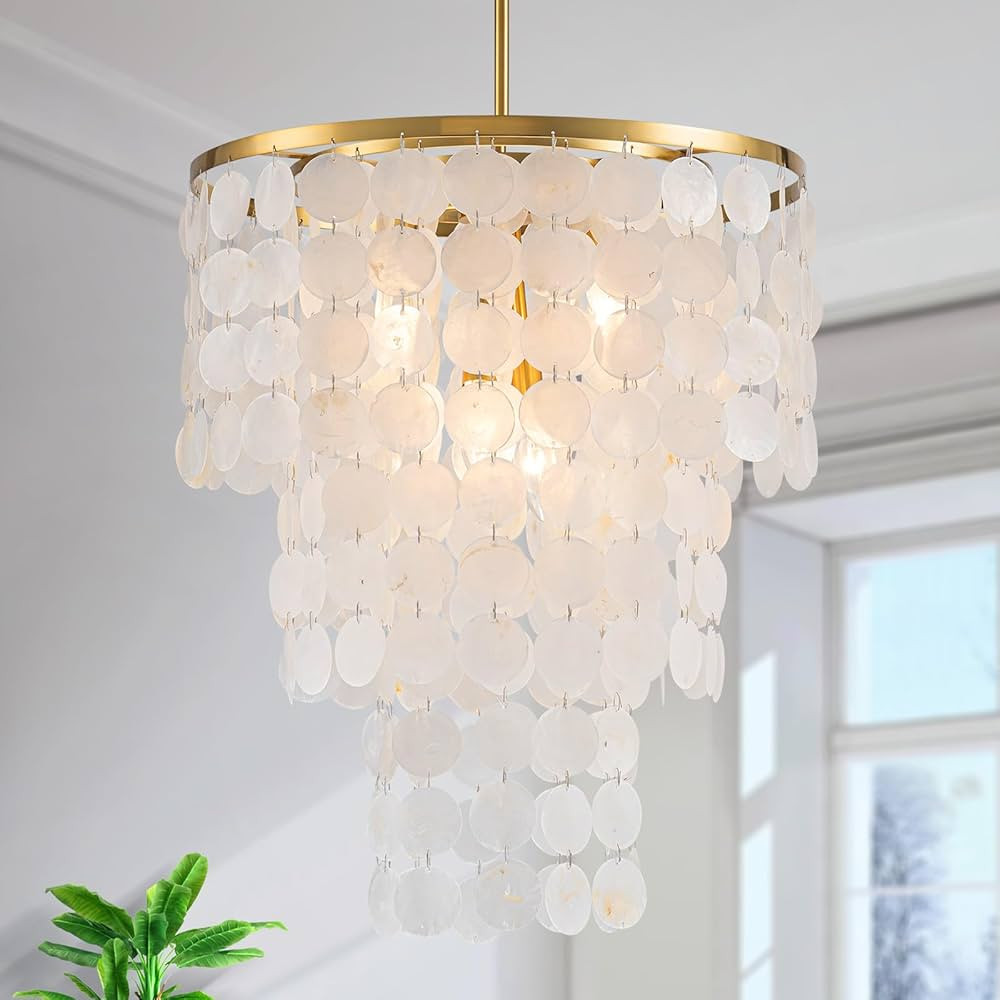 4-Lights Capiz Shell Chandeliers, 3-Layer Modern Pendant Light Fixture for Dining Room, Living Ro... | Amazon (US)