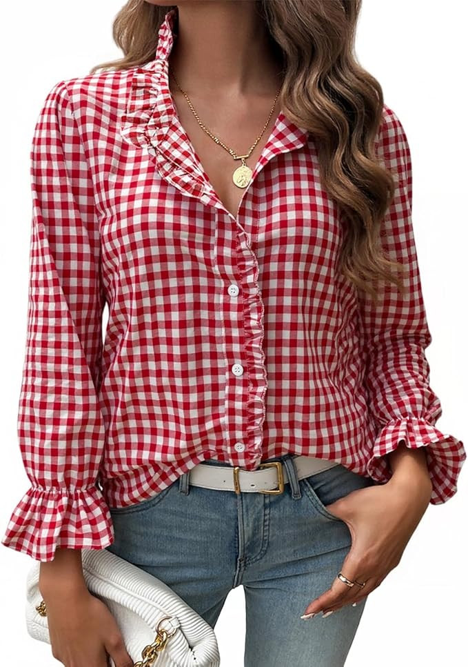 MINTLIMIT Womens Plaid Blouse Peasant Button Down Ruffle Neck Plaid Puff Long Sleeve Gingham Blou... | Amazon (US)