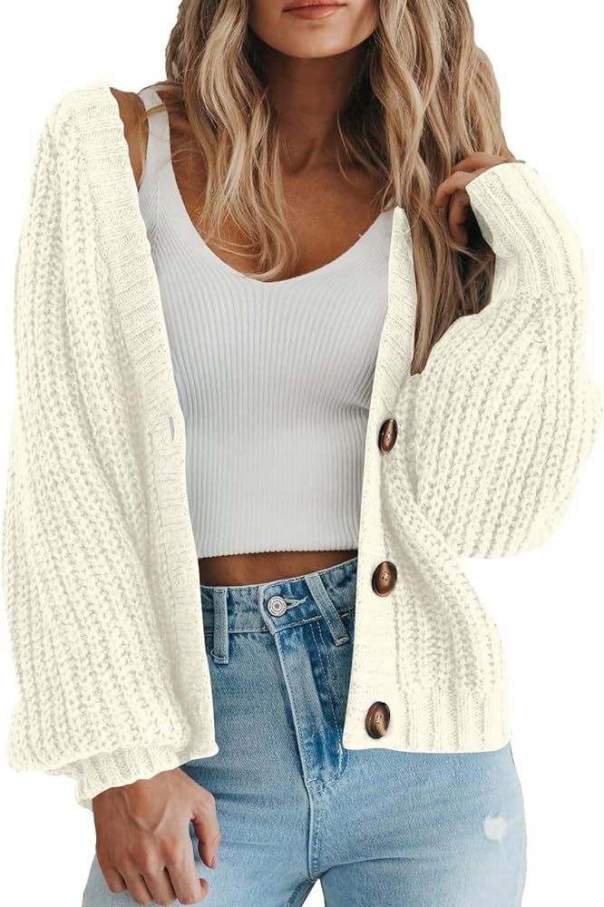 LILLUSORY Women's Chunky Oversized Knit V Neck Cardigan Sweater Open Front Button Down Winter Coa... | Amazon (US)